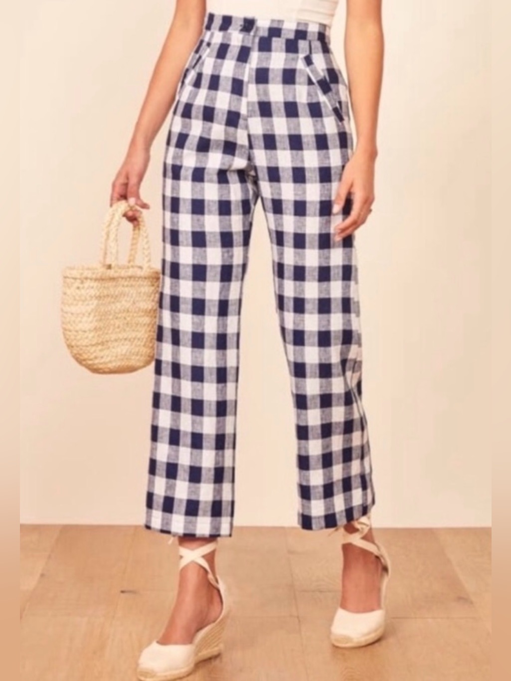Reformation Size 2 Linen Blue Plaid High Waist Pants Trousers.